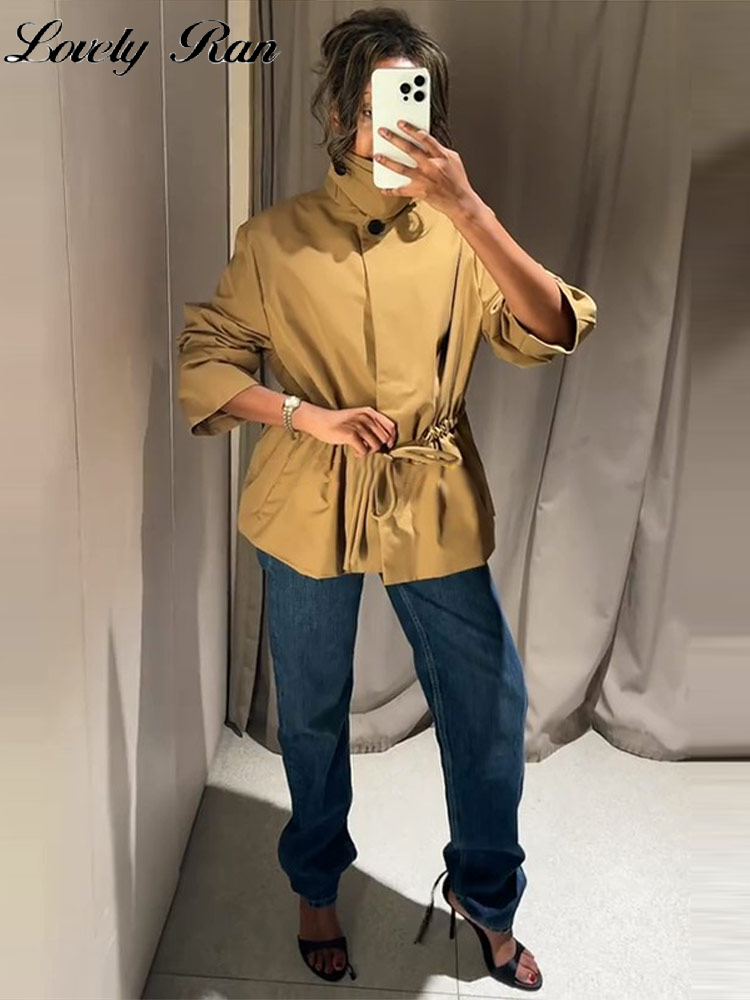 Casual Solid Vrouwen Jas Elegante Lange Mouw Revers Lace Up Geplooide Knop Vrouwelijke Uitloper 2025, Herfst Dame Streetwear