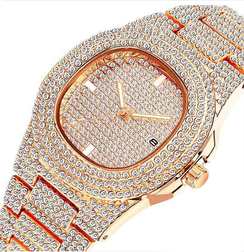 Hip Hop Iced Out Goud Kleur Horloge Quartz Luxe Volledige Diamond Ronde Horloges Heren Rvs Horloge