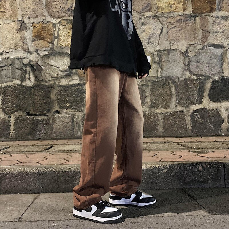 Jean Baggy marron pour hommes, rétro décontracté, jambes larges, Streetwear, ample, Hip Hop, pantalon droit en Denim, M-2XL: L
