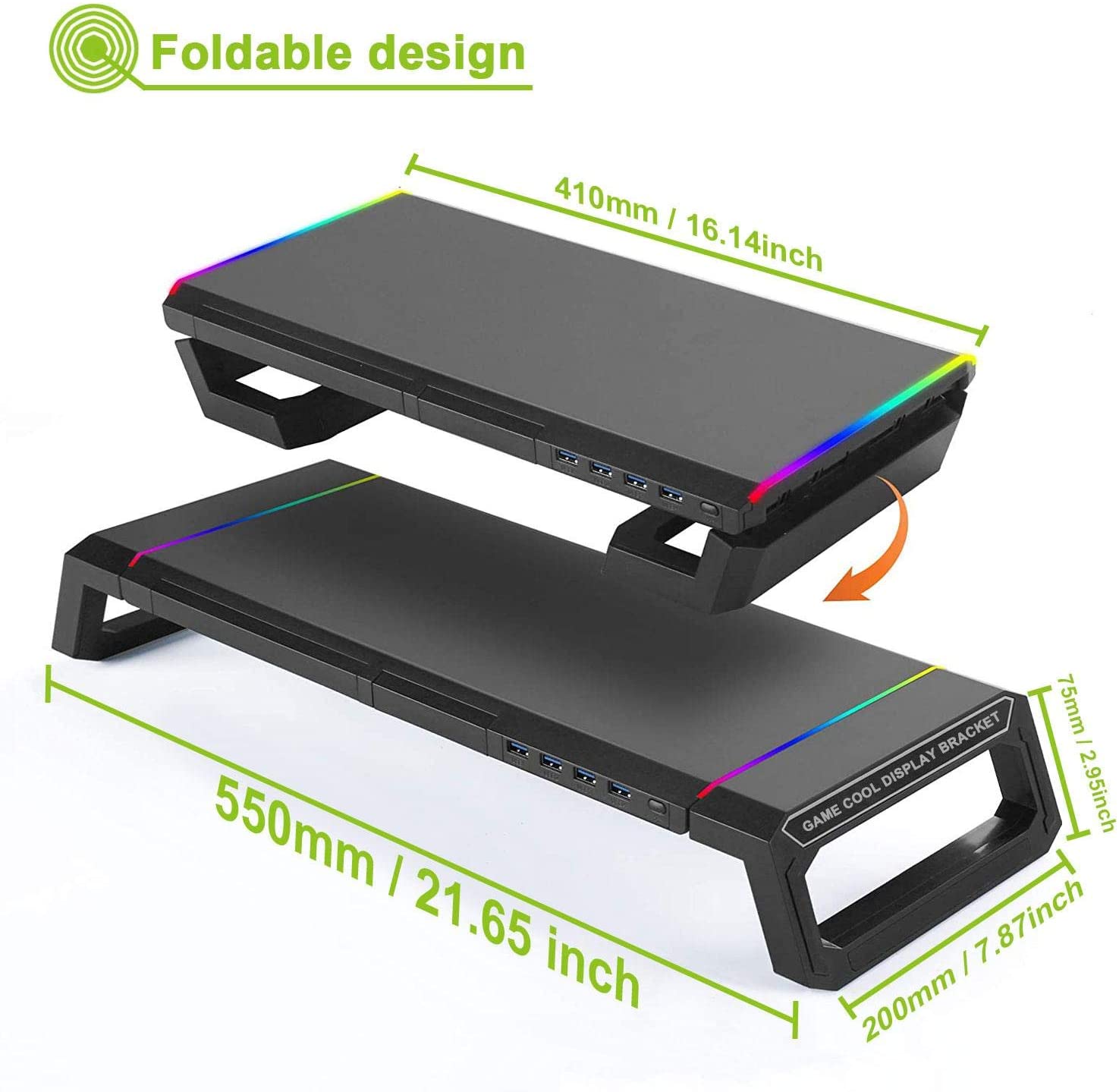 Monitor Stand Riser Foldable, RGB Computer Monitor Riser with 4Pcs USB Port, with Cell Phone Holder