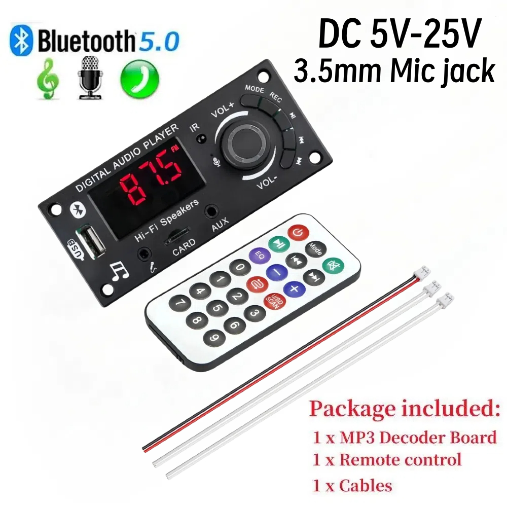 Wzmacniacz 100W Bluetooth 5.0 DIY Dekoder MP3 WAV Płytka DC 12V 50W Bezprzewodowy samochodowy odtwarzacz USB MP3 Gniazdo karty TF USB FM z mikrofonem 3,5 mm: Black
