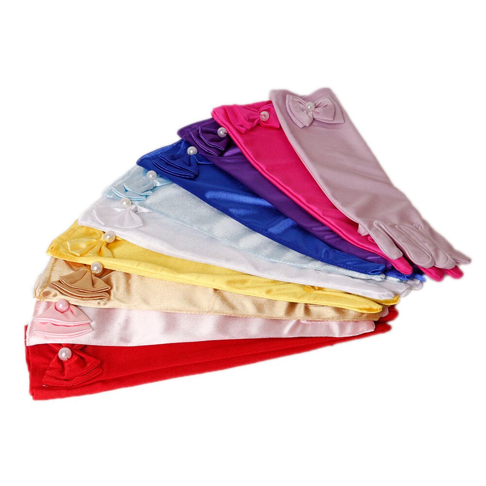 Gants de fête 11 couleurs | Gants longs de princesse pour enfants filles, gants en Satin avec nœud perlé, gants d'anniversaire