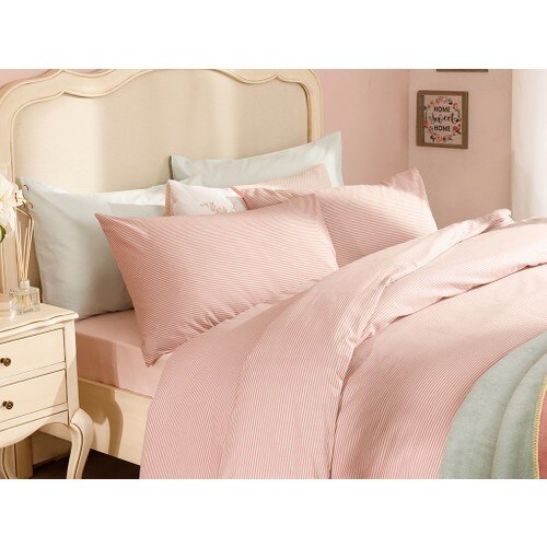 English Home Petit coton rayé double ensemble de housse de couette 200x220cm rose-gris