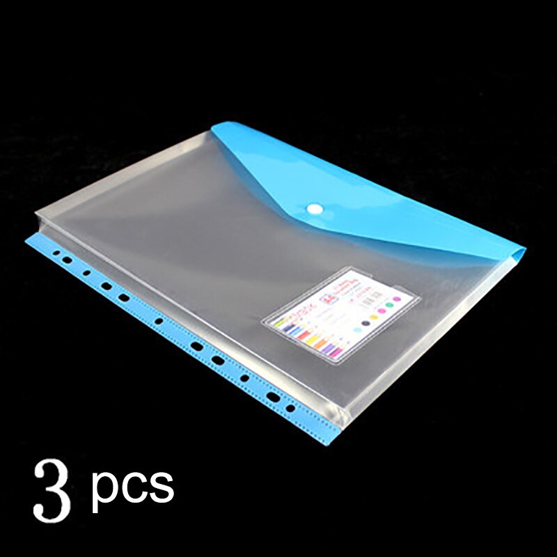 Bolsa de documentos transparente A4 de 3 piezas, carpetas de archivos de hojas sueltas de 11 agujeros, bolsa de información gruesa de película protectora a presión de gran capacidad: B blue