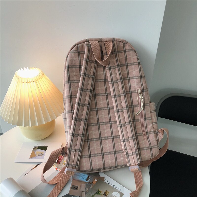 Dcimor Grande Capacidade Multi-Bolso Algodão E Linho Mochila Feminina Estilo Preppy Xadrez Mochila Estudante Universitário