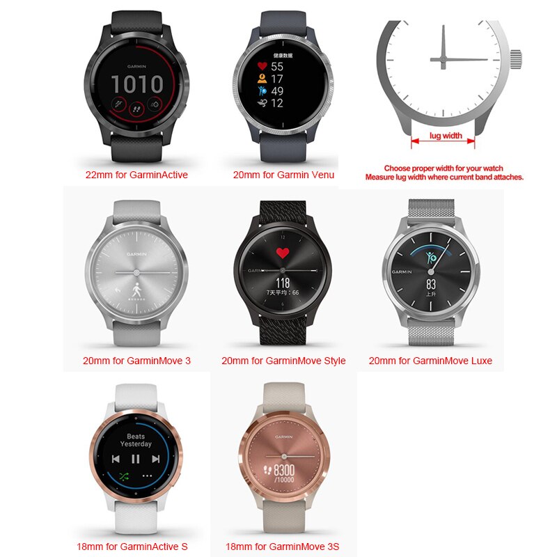 Metal urremme til garmin venu garminmove 3 garminactive s vivoactive 4 4s bånds rem rustfrit stål armbånd 18mm 20mm 22mm