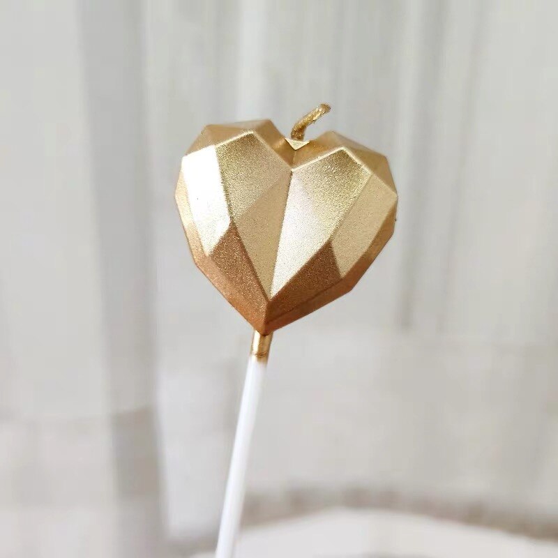 1 Pcs/ Love Diamond Shaped Gilded Cake Candle Safe Flames Kids Birthday Party Wedding Cake Candle Home Decoration Favor Supplies