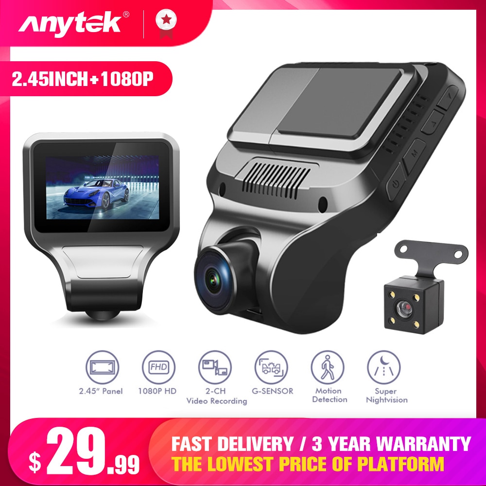Anytek T99 Driving Recorder 1080P HD 2.45Inch Night vision Loop Recording IPS Screen Dash Dual Camera Reversing Image DVR Camera