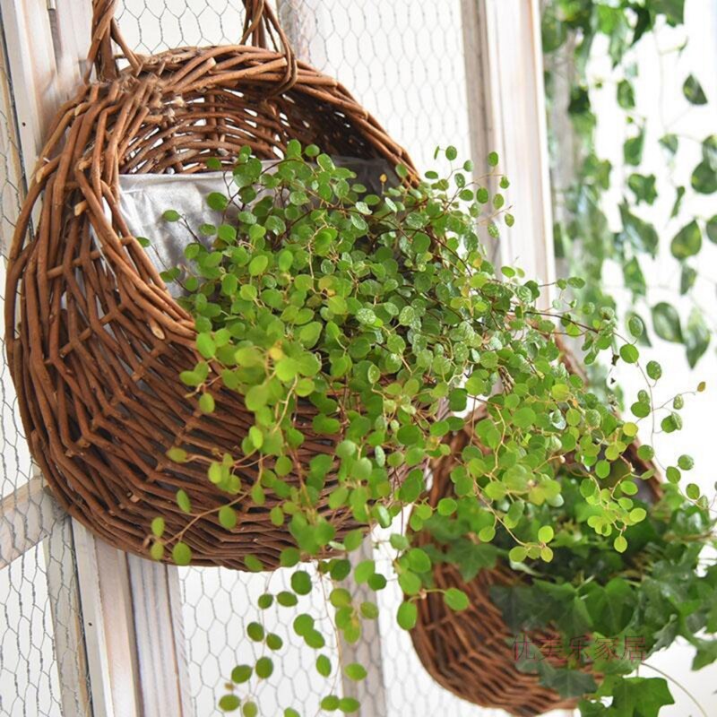 Wicker Rattan Flower Basket Hanging Vine Pot Planter Hanging Vase Container Wall Plant Basket For Garden