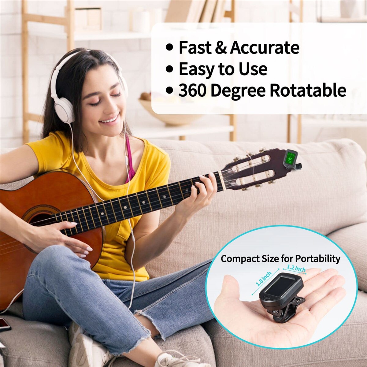 Guitarstemmer til alle instrumenter, elektronisk klips-på-stemmer til guitar, bas, ukulele, violin, mandolin, banjo