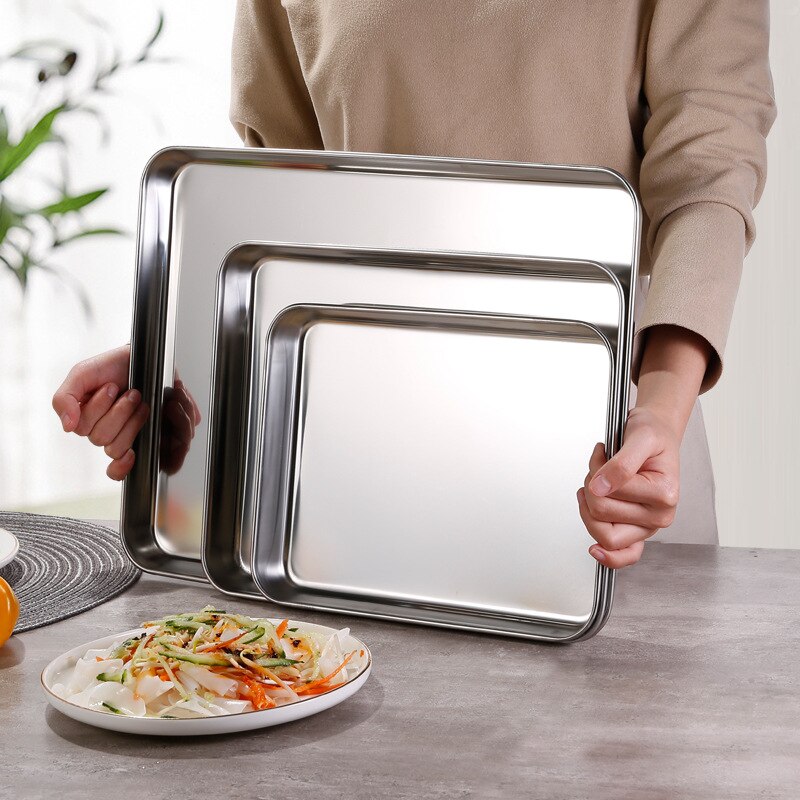 Stainless Steel Rectangle Food Storage Trays Steamed Sausage BBQ Roast Fish Plates Kitchen Bread Pastry Baking Dish Fruit Pans