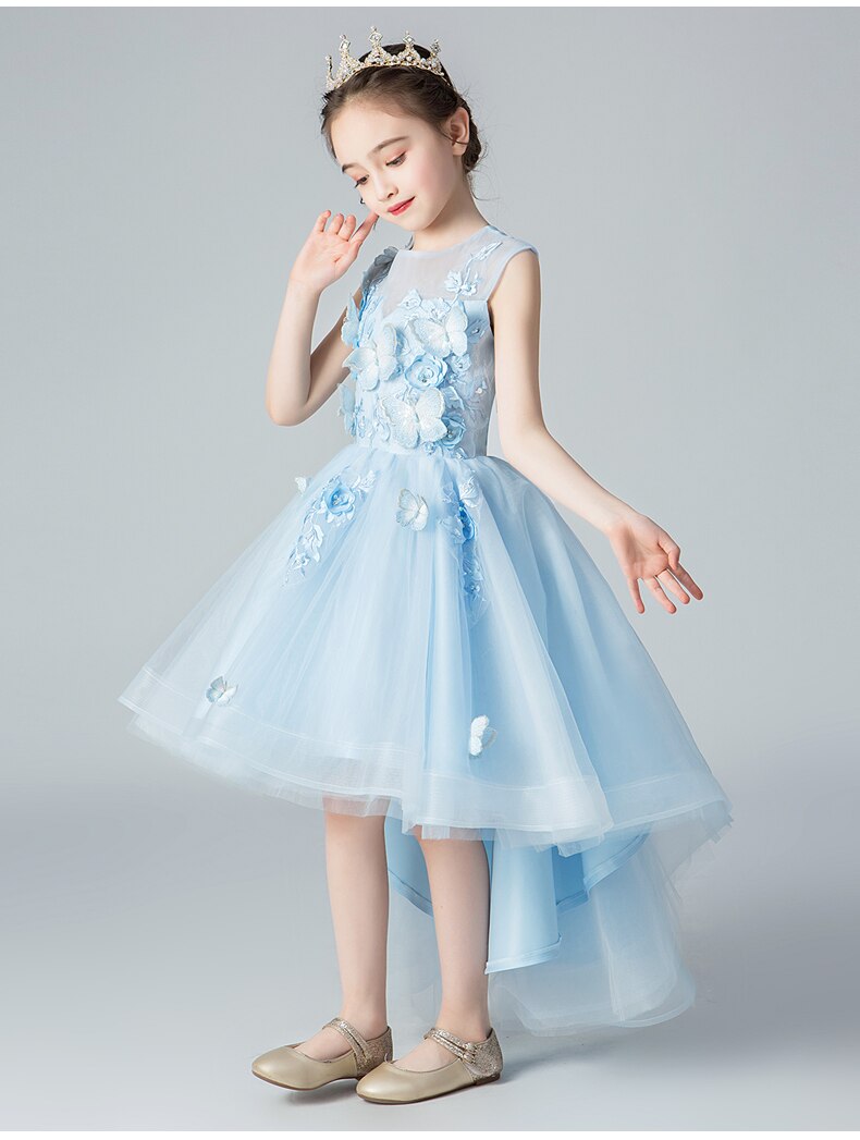 Cielo azul tul niñas apliques vestido de flor niña vestido para boda niños traje de desfile princesa vestidos de primera comunión