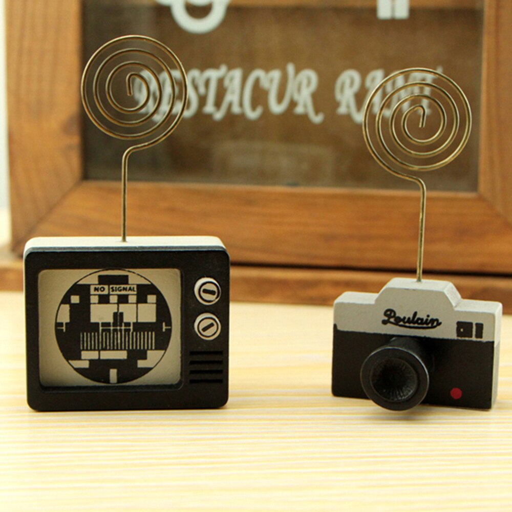 2pcs Wooden Message Holder Desk Photo Clip Business Card Holder Message Clip Ornaments Retro Table Party Decoration (TV)
