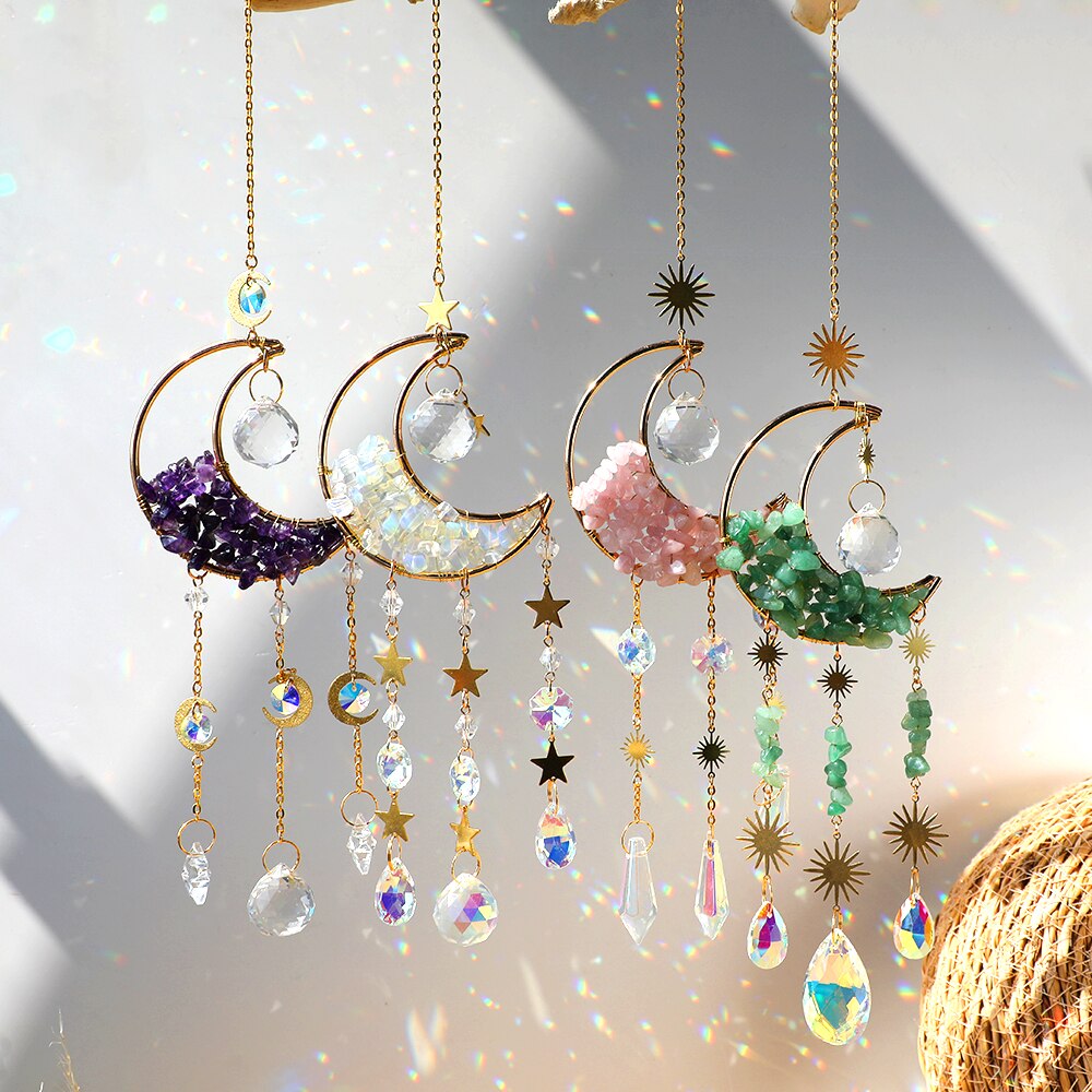 Atrapamoscas de Metal para decoración de pared, Prisma de bola de cristal, Luna, artesanía de arcoíris para ventana de coche, cristales colgantes para jardín