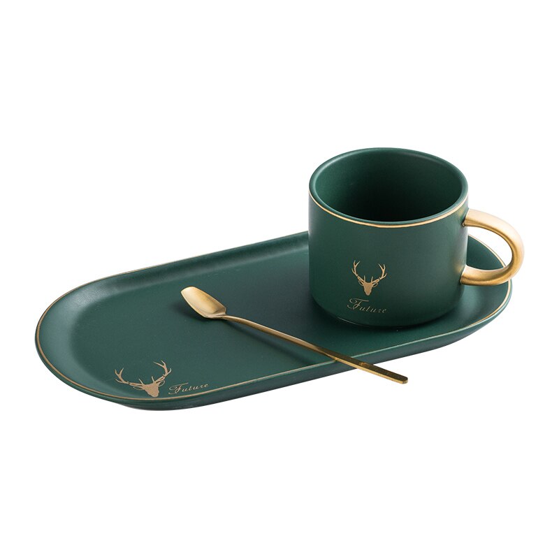 European Luxurious Gold Rim Ceramics Coffee Cups And Saucers Spoon Sets With Box Tea Soy Milk Breakfast Mugs Dessert Plate