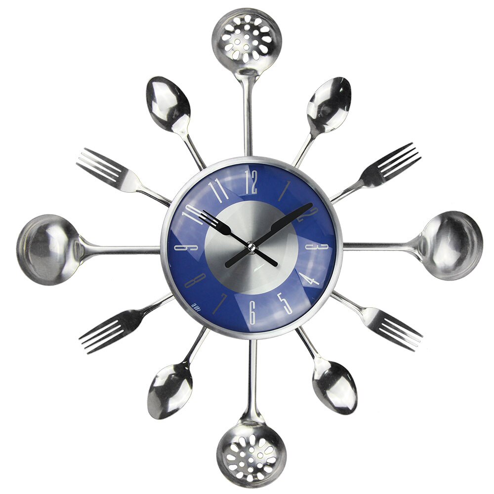 Large Cutlery Kitchen Wall Clock Medern Metal Kitchen Spoon Forks Wall Clocks Home Decor Wall Watch Horloge Murale: blue