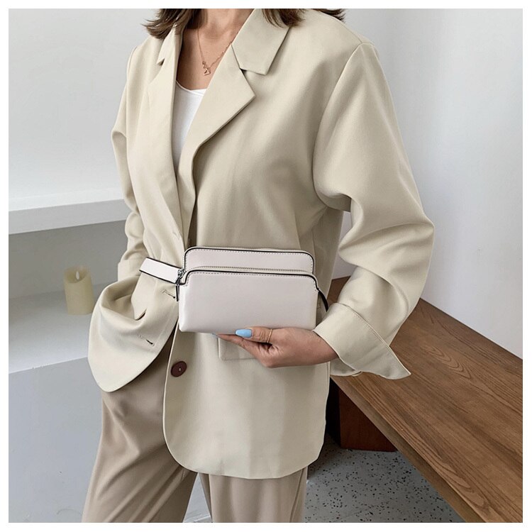 Double Pocket Women PU Waist Bag Female Crossbody Chest Bag Small PU Leather Lady Fanny Pack