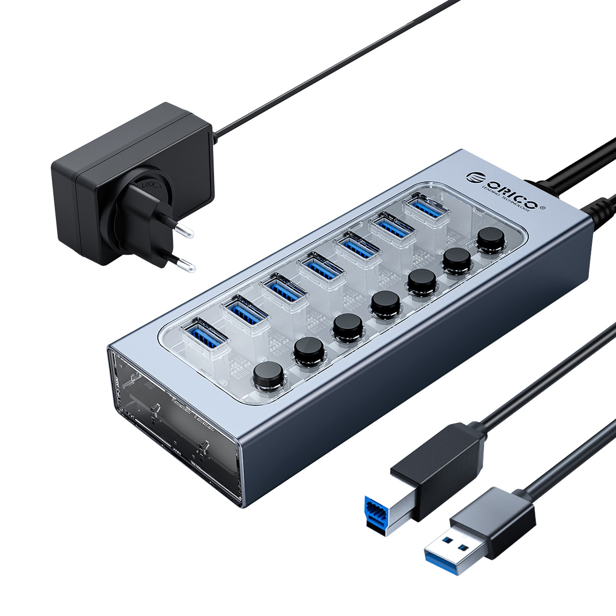 ORICO Aluminiumbetriebener USB3.0-Hub, 7/10 Häfen, USB-Verlängerung mit Schaltern, 12-V-Netzteil, unterstützt BC1.2-Ladesplitter