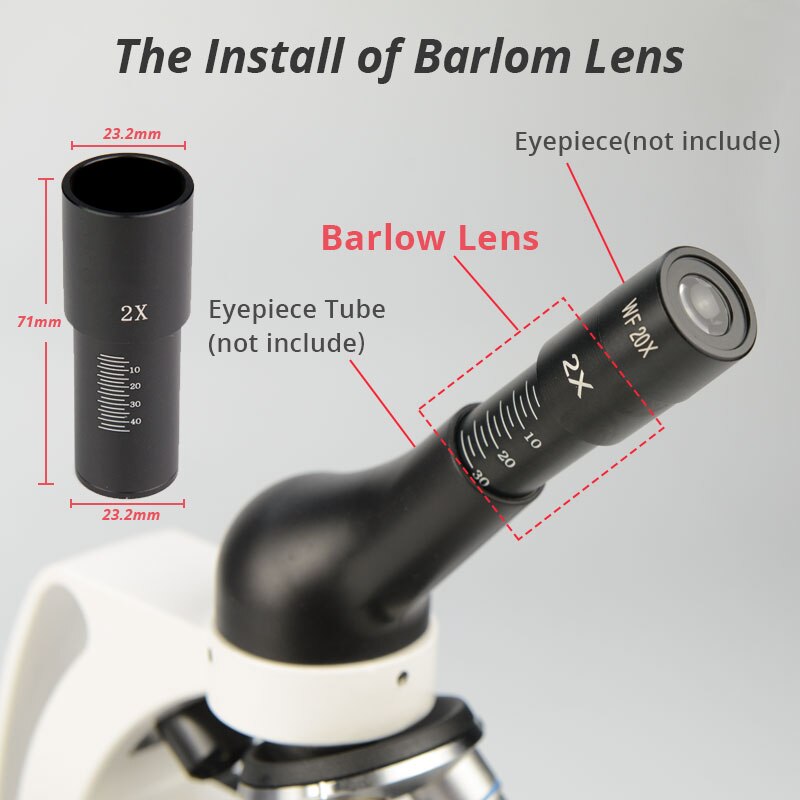 1 PC 23.2mm Interface 2X Metal Barlow Lens Microscope Eyepiece