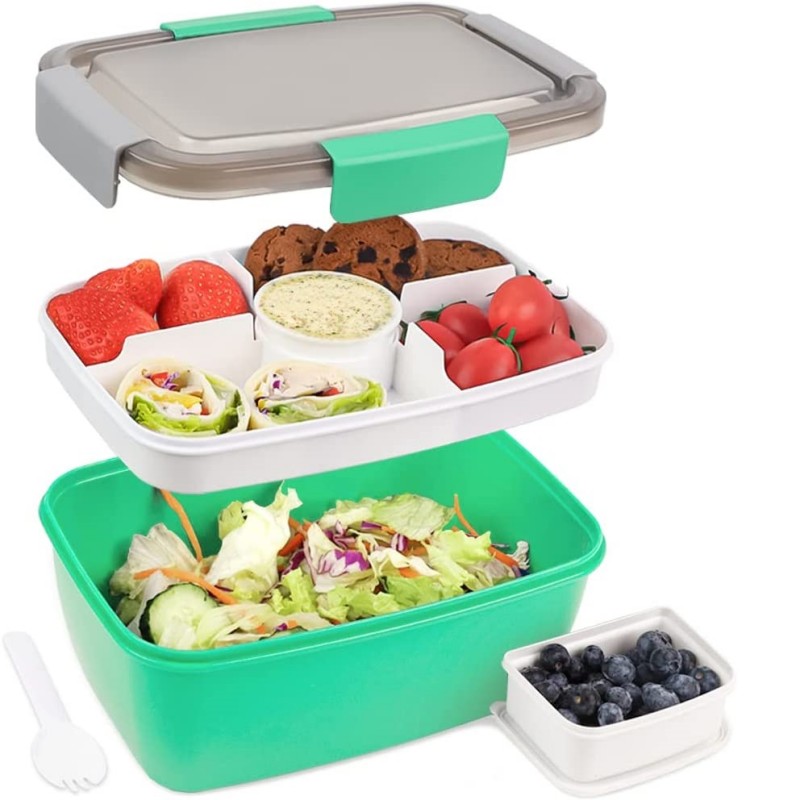 Large Microwave Safe Bento Box Big Salad Food Container 4 Compartment Tray BPA-Free Lunch Box Salad Bowl With Dressing Container: green