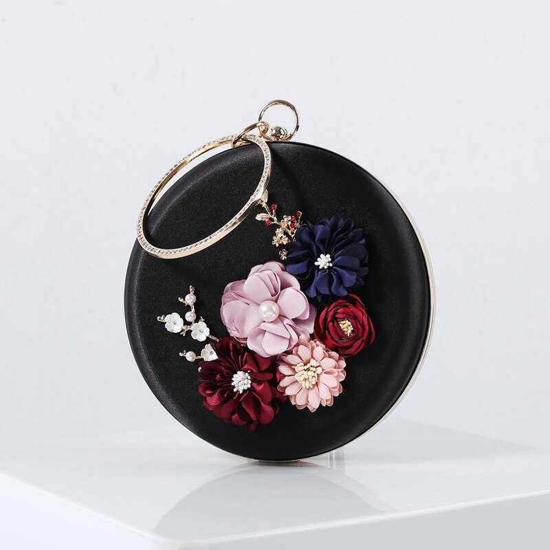 Bloemen dinertas oksel ronde hand-in-hand avondtas hanfu tas ingelegde tas kristallen avondtassen portemonnee handtassen schooltassen: Zwart