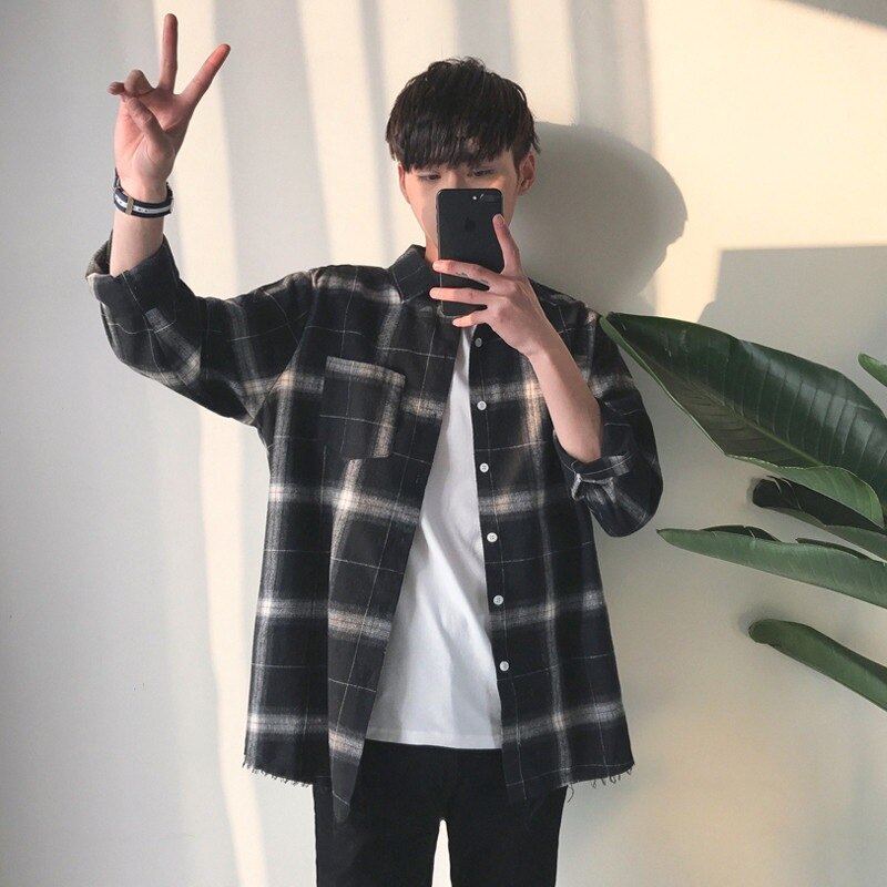 Sales Spring Men's Plaid Shirt Men Casual Long Sleeve Shirt Slim Handsome Couple Youth Shirt For Men's Clothing: Black / L