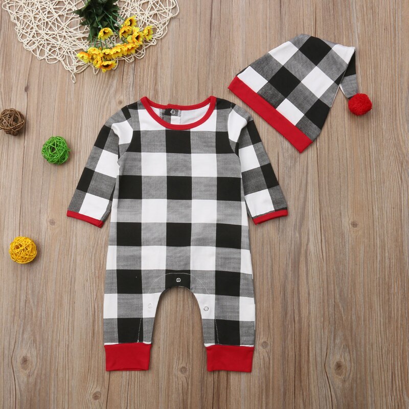 FOCUSNORM di Natale Appena nato Del bambino Della Ragazza del Ragazzo Del Pagliaccetto Lungo Del Manicotto del plaid Della Tuta Cappello Vestiti vestito impostato
