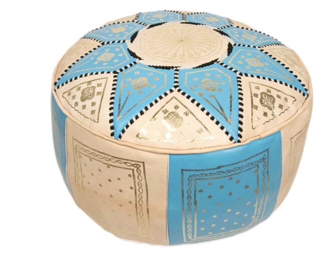 Puf Pouf Hecho a Mano en fès, Marrakech Cuero autentico SIN relleno: Bleu ciel