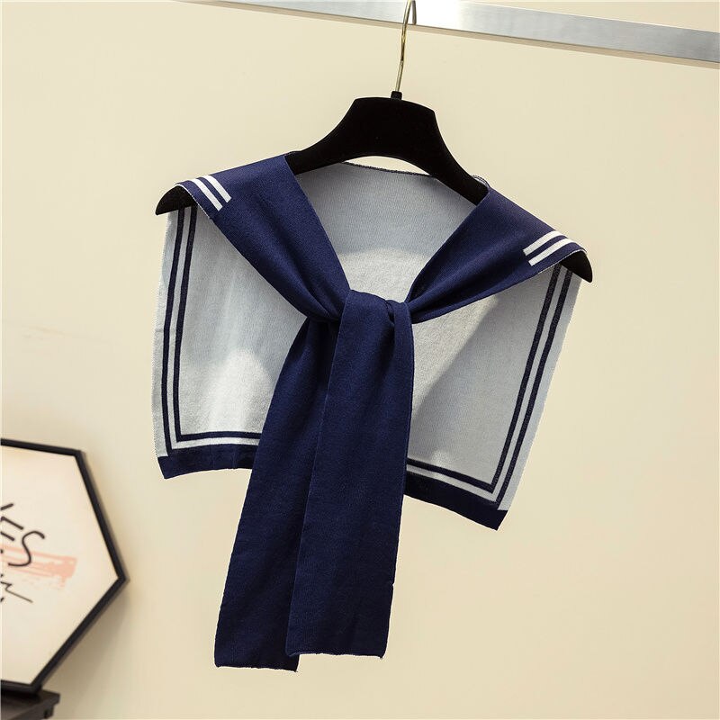 Korean College Navy Stripe Wool Knit Shoulder Cape Knotted Warm Shawl Summer Air Conditioned Room Protect Neck Woman&#39;s Scarf T56