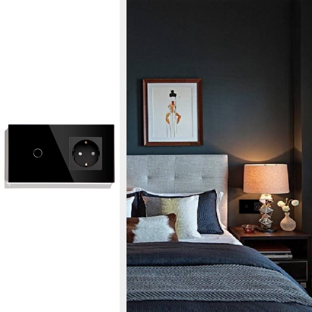 BSEED Touch Light Switch 1 Gang With EU Wall Socket White Black Gold Wall Sensor Switch Crystal Glass Panel For Home