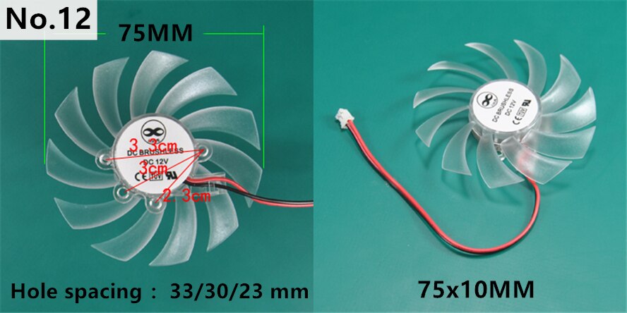 Ventilador VGA de 35MM, 45MM, 55MM, 65MM, 75MM de diámetro, 25MM, 26MM, 42MM, con muchos agujeros, espaciado DC12V, hoja de ventilador de 2 pines: 75MM