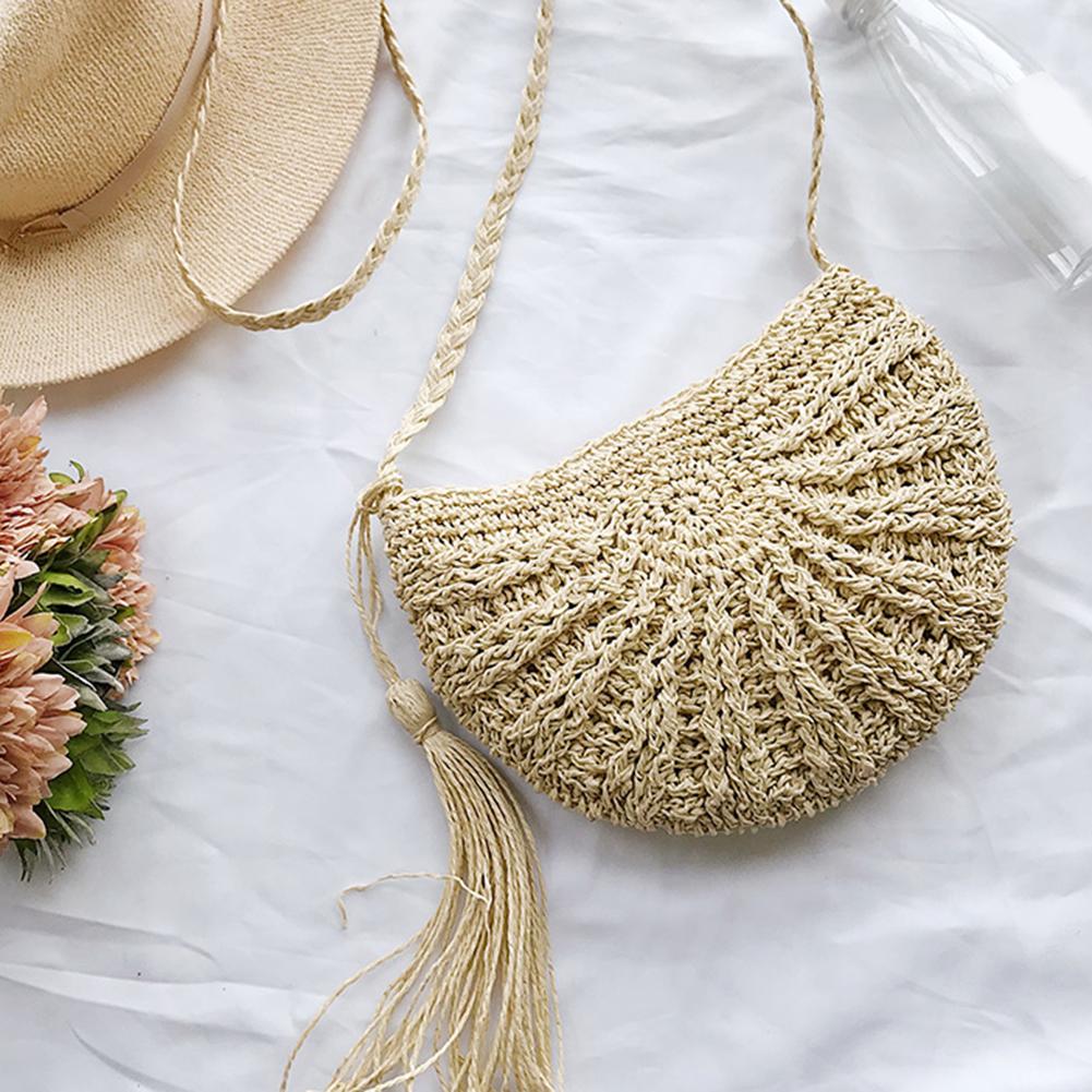 Summer Retro Straw Beach Bag Woven Tassels Messenger Handbags Women Fringed Crochet Straw Shoulder Crossbody Bag