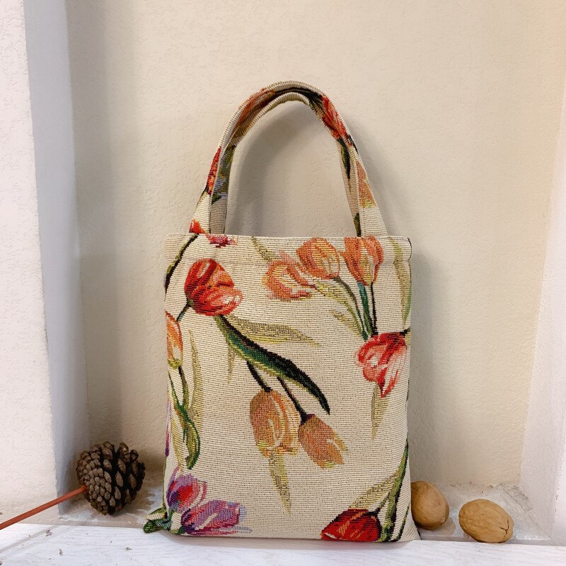 Retro Oil Painting Color Matching Tulip Jacquard Carry Lunch Bag To Work Small Cloth Hand Women's Shoulder: 2