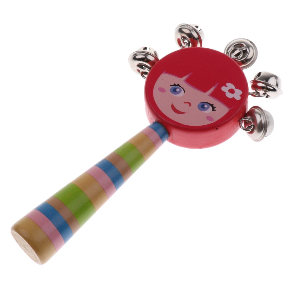 Bambino Suono di Gioco di Legno Sveglio Mano Jingle Bell Sonaglio Tamburo Bambini Strumento Musicale Giocattolo Inerente Allo Sviluppo di-Rosso