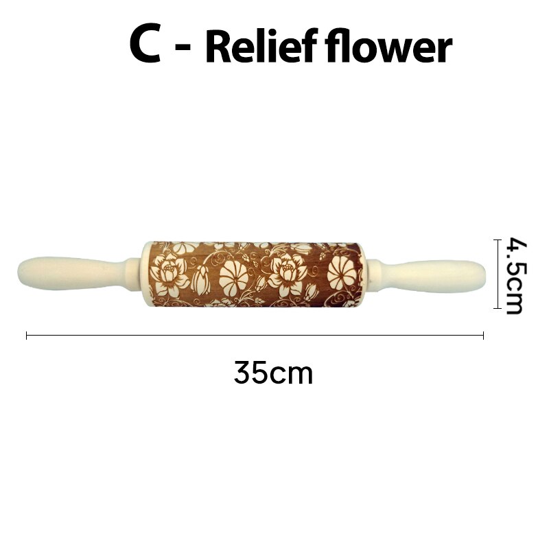 Christmas Embossing Rolling Pins With Patterns Wooden Roller Baking Embossed Cookies kitchen tools elk Snowflak: C- Relief flower