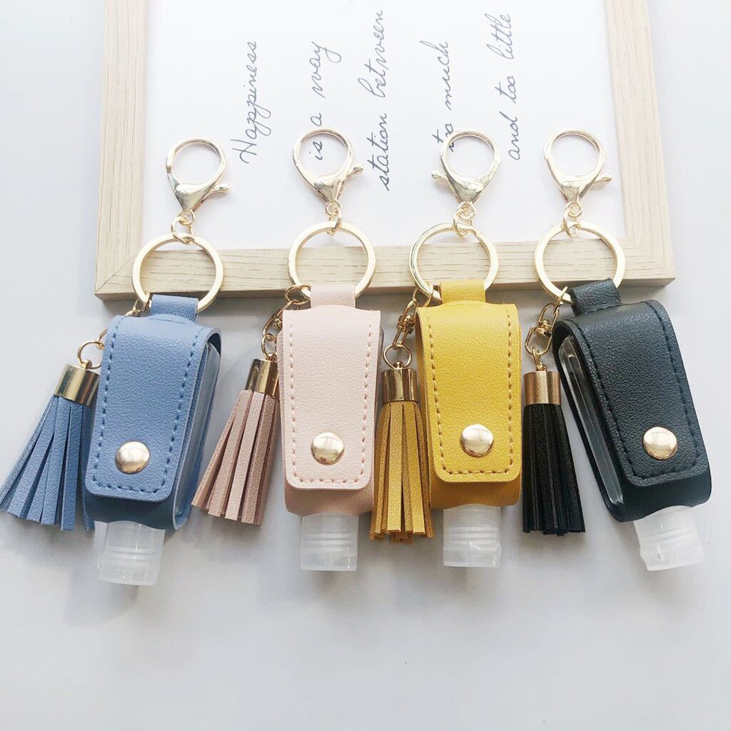 Hand Sanitizer Leder Keychain Halter Reise Flasche Nachfüllbar Container 30ml Flip Wiederverwendbare Flasche mit Quaste Keychain Träger