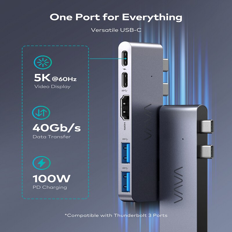 VAVA-concentrador de USB-C 5 en 1, adaptador de Monitor Dual, 5K, 60Hz, alta velocidad, USB 3,0, estación de acoplamiento, divisor, 100W, PD, carga para MacBook Pro