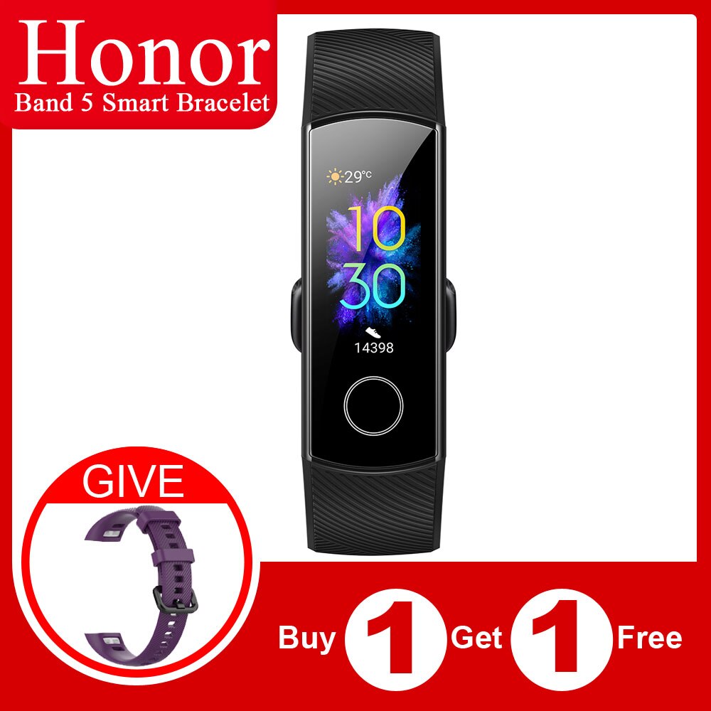 Originele Honor Band 5 Globle Versie Smart Wirstband Fitness Armband Tracker Stappenteller Hartslag Sleep Monitor Waterdichte Band: Black and Purple