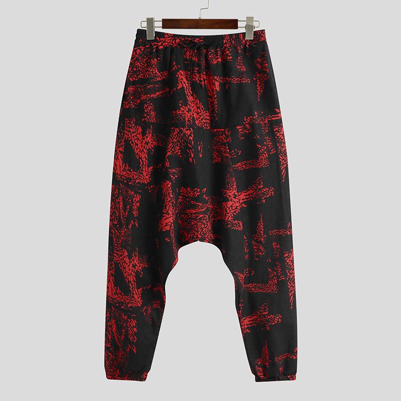 Incerun moda masculina impresso harem calças casual bolsos soltos joggers cintura elástica pantalon 2020 calças drop-virilha streetwear: S / Red