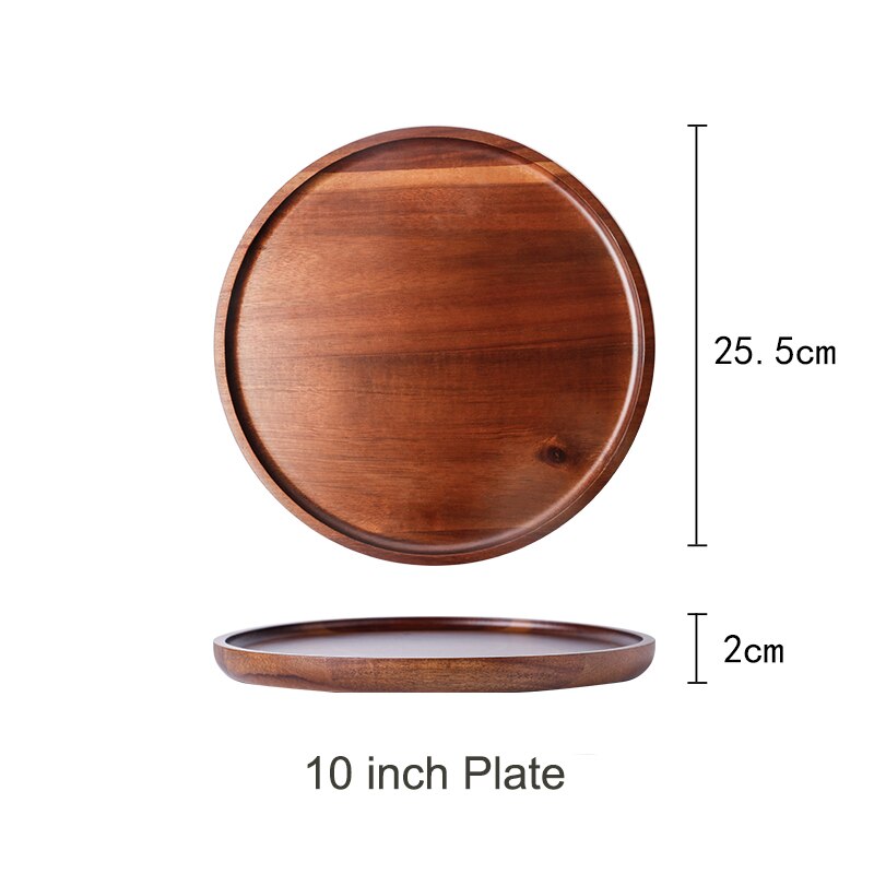MUZITY Round Solid Wood Plate Dessert Dinner Plate Wooden Saucer Tea Tray Whole Acacia Wood Tableware Set: 10 inch round plate