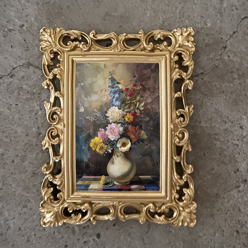 Vintage Rectangle Photo Frame Wall Hanging Golden Embossed Resin Picture Frame Holder Table Decoration Home Decor, Paper Random: plum