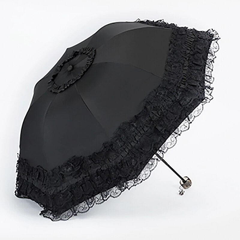 Lace Women Rain Umbrella Sun Paraguas mujer Black Parasol Folding Princess guarda chuva invertido UV Protection Decoration: black
