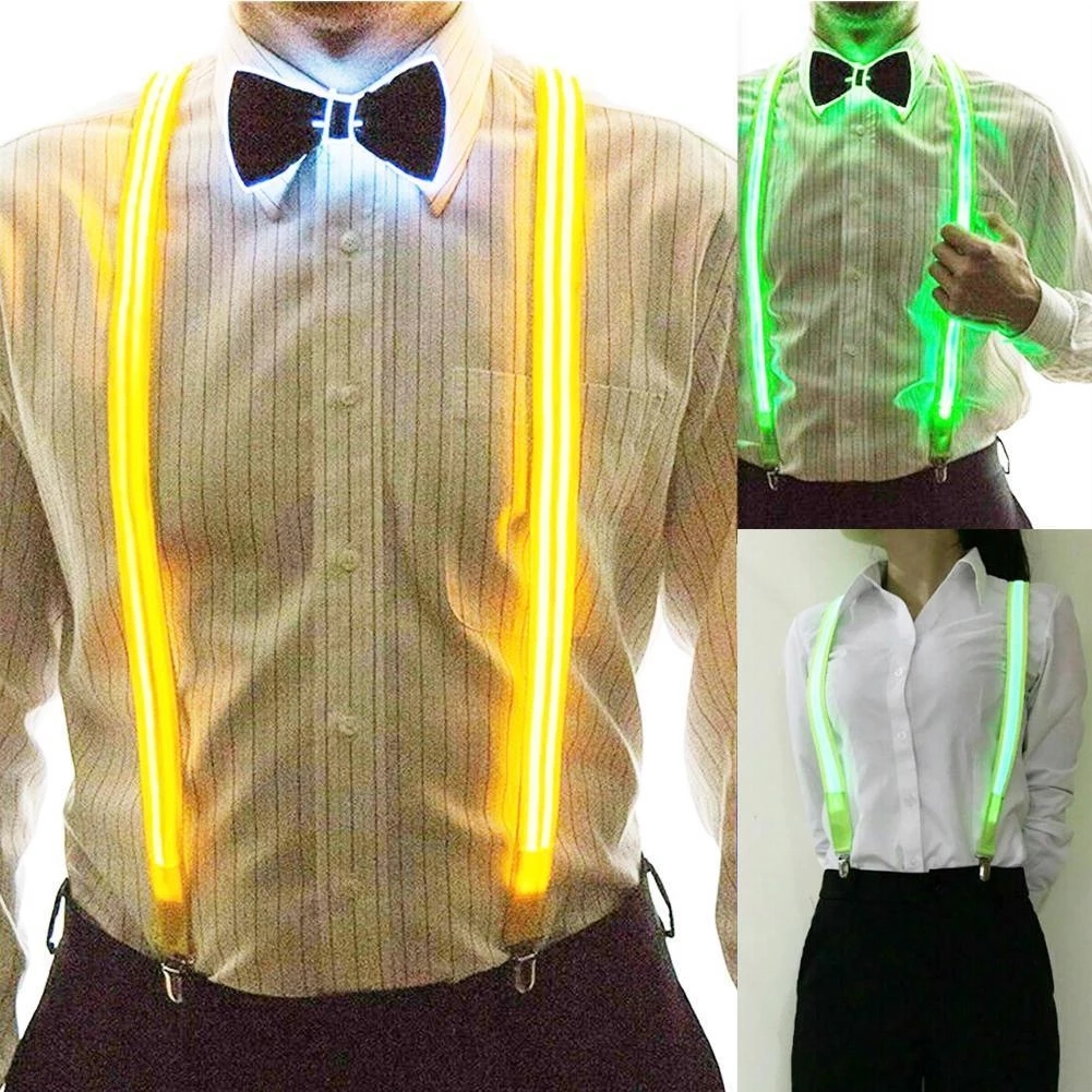 Leuchtende LED-Hosenträger für Herren, Fliege, Unisex, elastisch, verstellbar, Hosenträger, beleuchtete LED für Musik, Festival, Kostümparty