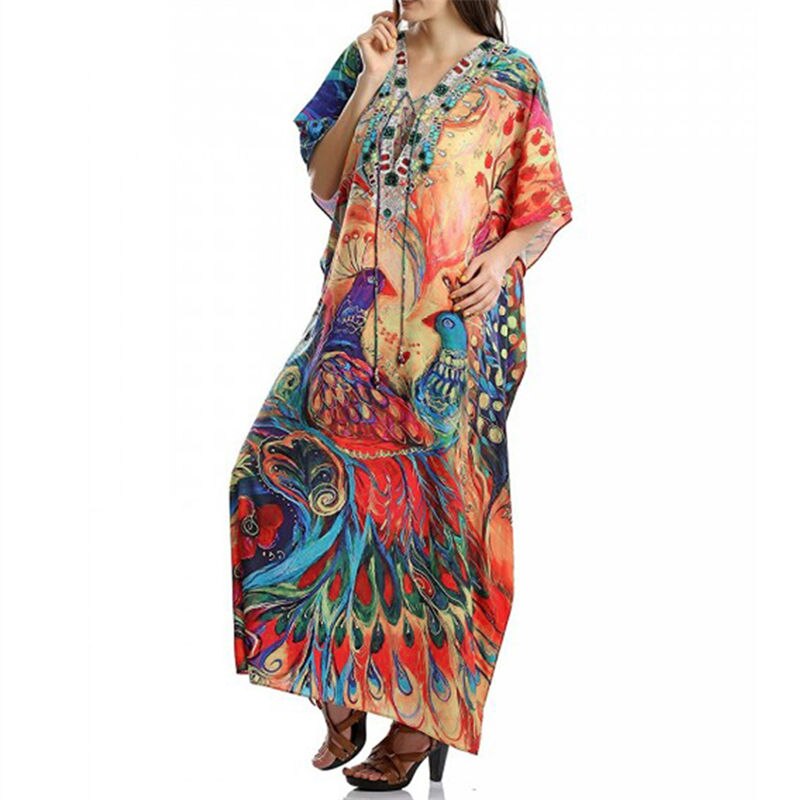 Kaftan Strand Lange Katoenen Tuniek Bohemian Gedrukt Losse Zomer Jurk Gewaad Plus Size Vrouwen Beach Wear Swim Suit Cover up Q1044