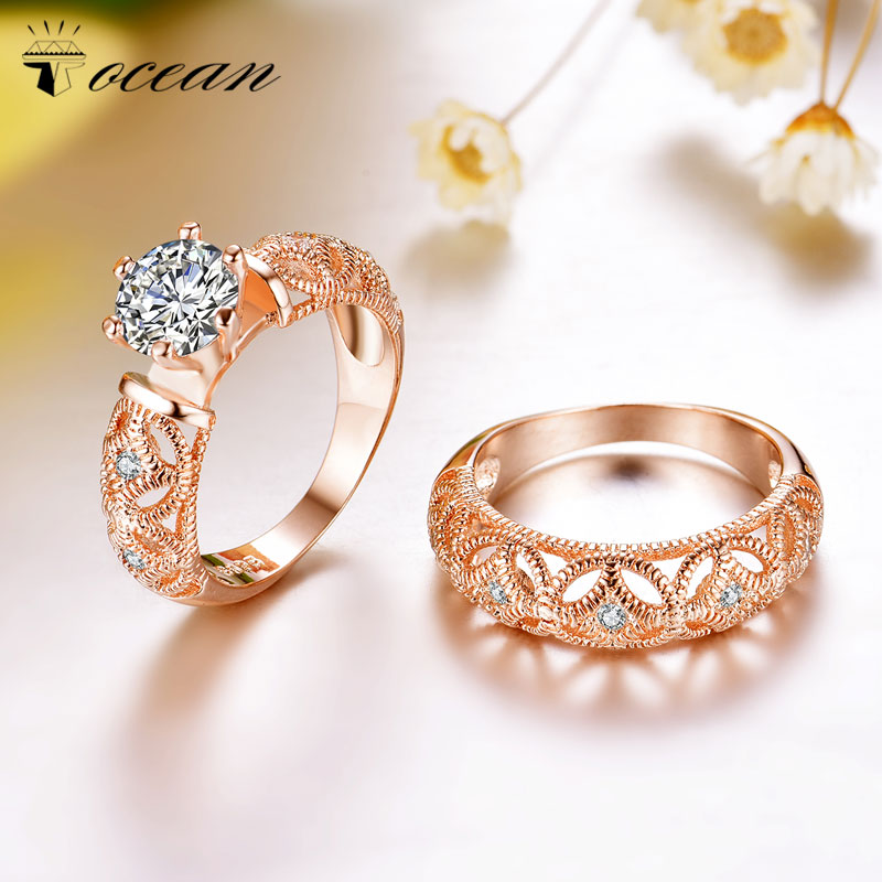 Tocean Rose Gold Color Romantic wedding Double Rings Sets for Women Crown Cubic AAA Zircon Engagement Bijoux Bague Size 6-8 W126