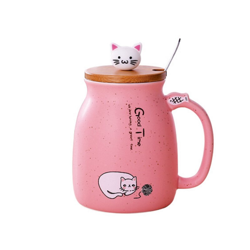 cute cat Mug cup heat-resistant cartoon taza with lid kitten coffee ceramic mugs children cup office Drinkware: pink
