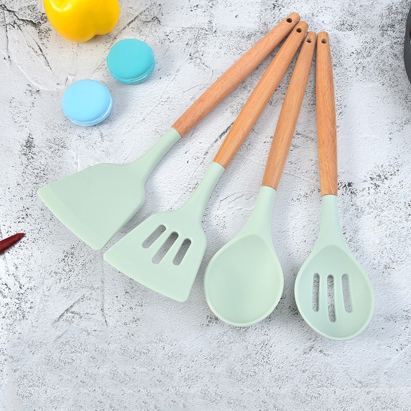 Food Grade Silicone Kitchenware Household Wooden Beech Handle Cooking Utensils Baking Tools Non-stick Spatula Kitchen Accessorie