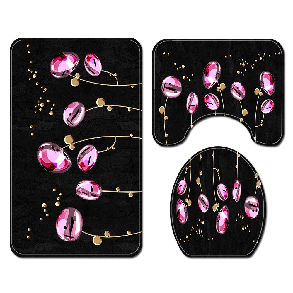 Floral Bathroom Carpet Shower Room Toilet Floor Mat Toilet Seat Cover Mat Bathroom Non-Slip Carpet Mat Set with Shower Curtain: Bath Mats-730
