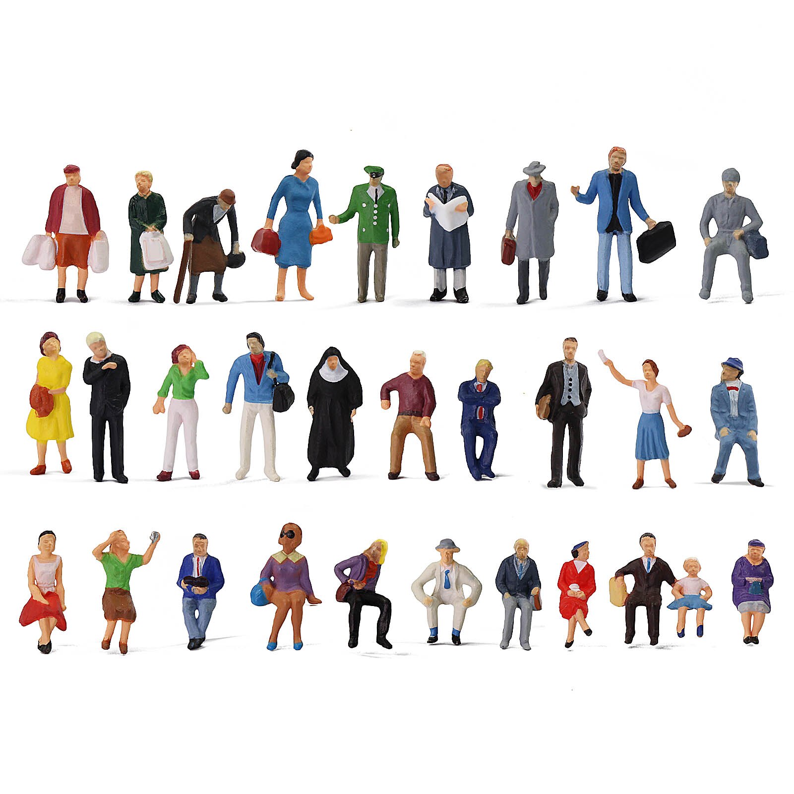 Figuras de personas de pie sentado, escala HO, escala 1:87, modelo de pasajeros, Kit de construcción, P8721, 30 Uds./60 uds.: 30pcs