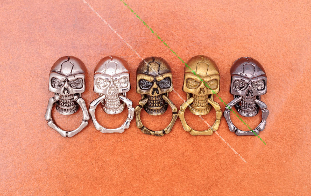 Ouro esqueleto crânio cabeça chaveiro com anel, motocicleta motociclista, carteira corrente, chaveiro do carro, conector comum, Leathercraft decoração, 10pcs